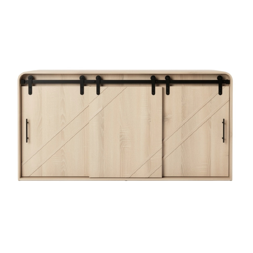 **Buffet en bois clair avec portes coulissantes en acier**